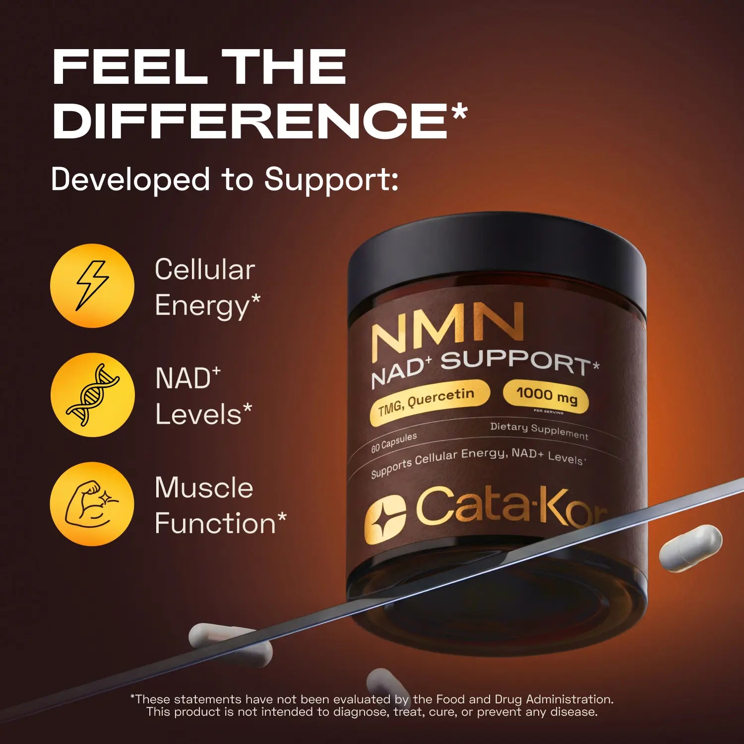 Cata-Kor NMN Supplement 1000 mg with Quercetin, TMG, and Resveratrol Complex - Promotes Cellular Energy and NAD+ Levels - Vitamin Dietary Supplement