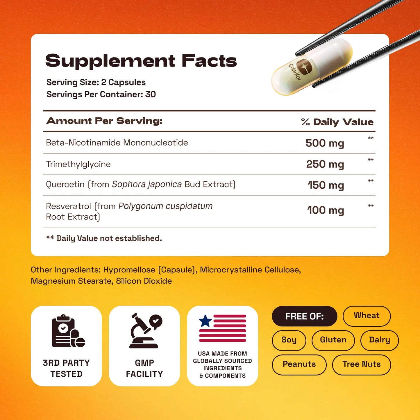 Cata-Kor NMN Supplement 1000 mg with Quercetin, TMG, and Resveratrol Complex - Promotes Cellular Energy and NAD+ Levels - Vitamin Dietary Supplement